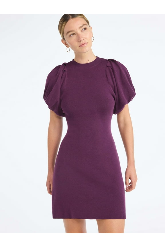 Women's and Women's Plus Sweater Dress with Puff Sleeves, Sizes XS-4X
