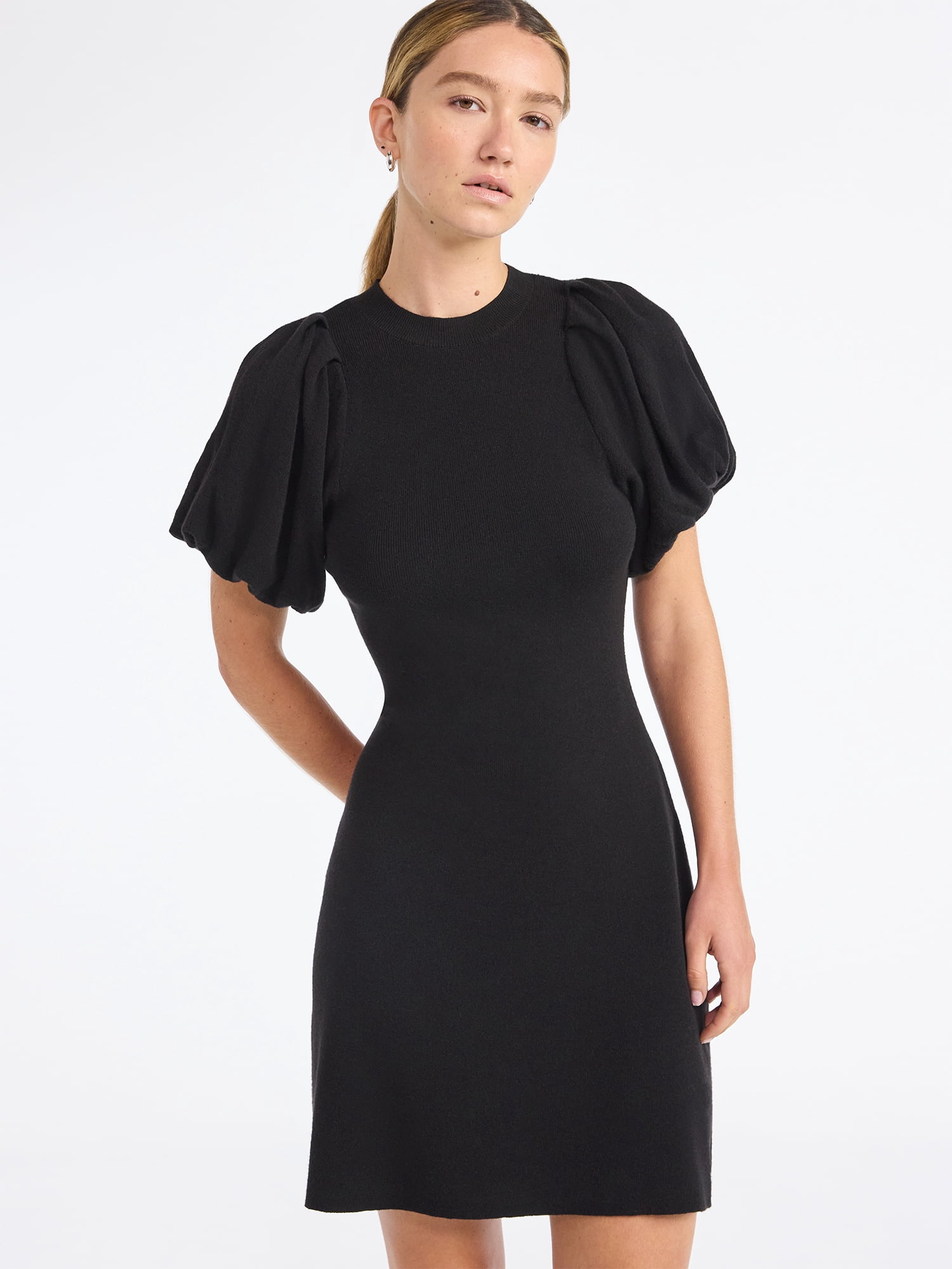 Scoop Women's and Women's Plus Sweater Dress with Puff Sleeves, Sizes XS-4X