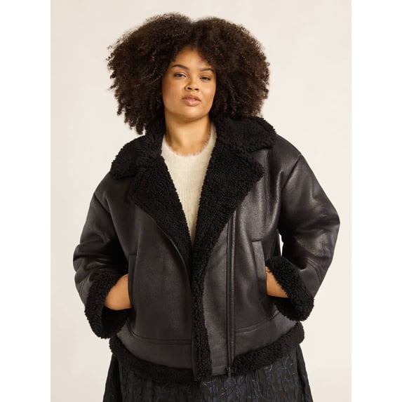 Scoop Women's & Women's Plus Faux Leather Moto Jacket with Faux Fur Lining, Sizes XS-4X