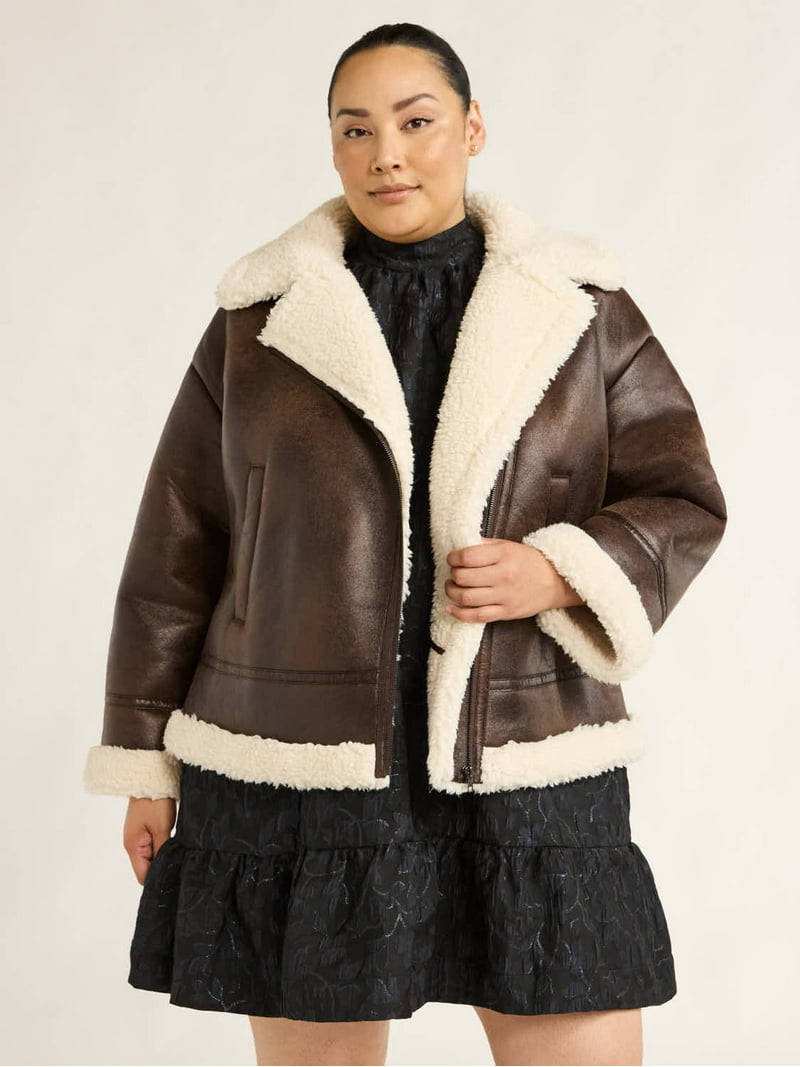 最安値　LEINWANDE Mama's Faux-fur Jacket Scoop Women's & Women's Plus Faux Leather Moto Jacket with