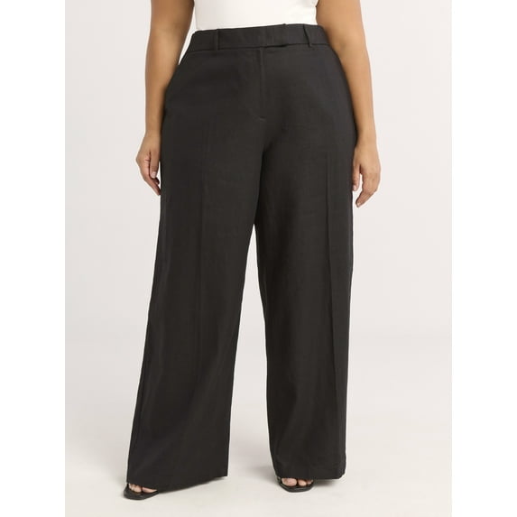 Scoop Women's Plus Tailored Linen Blend Wide Leg Pants, 32" Inseam(01)