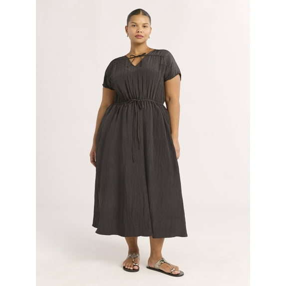 Scoop Women’s V-Neck Crinkle Midi Dress, Sizes XS-4X