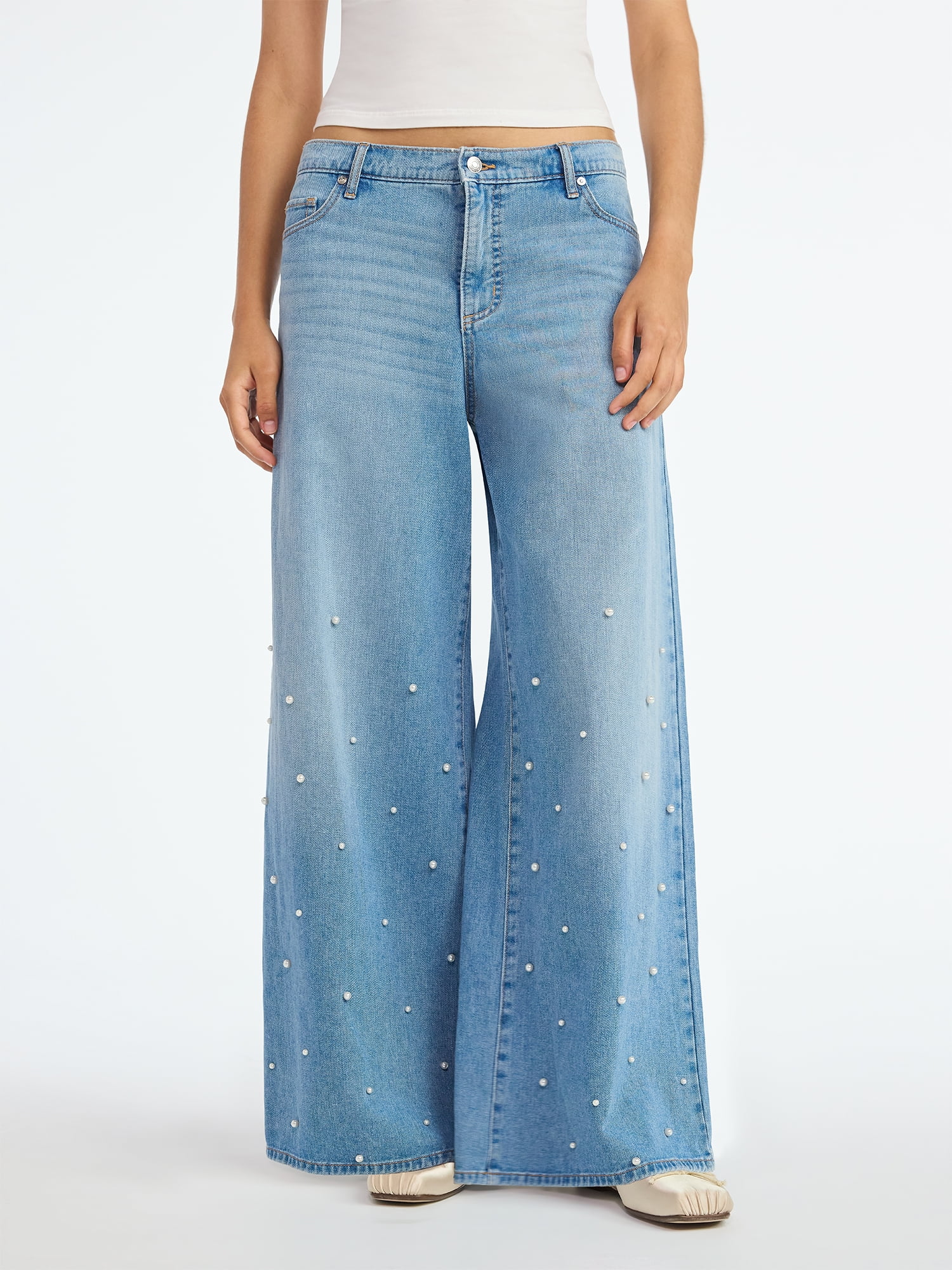 Scoop Women's and Women's Plus Wide Leg Jeans with Faux Pearl Accents ...