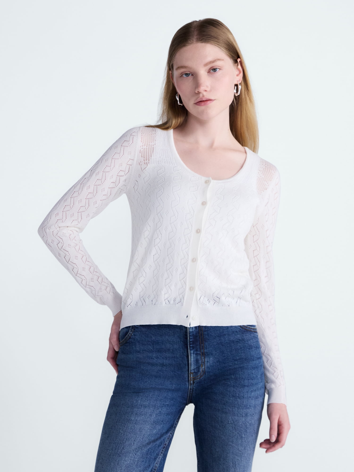 Women's Pointelle Knit Cardigan Sweater with Long Sleeves, Lightweight, Sizes XS-XXL
