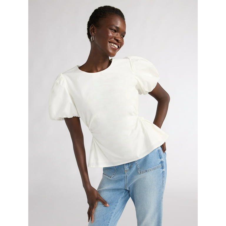 Scoop Women's Poplin Puff Sleeve Top with Cutouts, Sizes XS