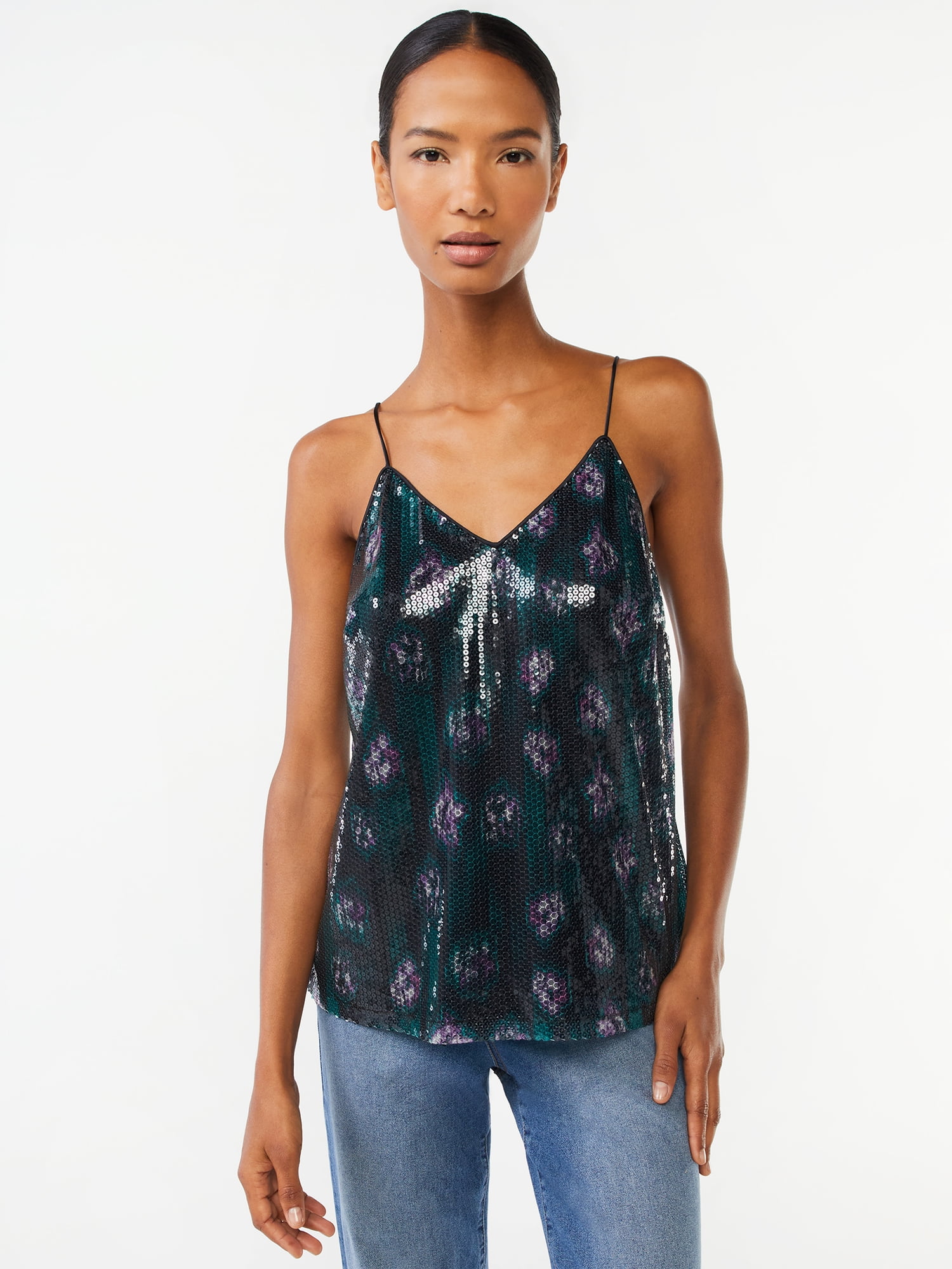 lime flare Women Sexy V Neck Sparkle Shimmer Cami Tank Tops Dressy Sequin  Tee Shirt Camisole (Medium, Black Sequin Racerback)