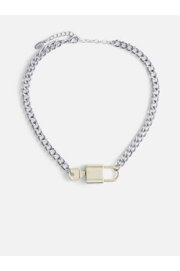 Womens Rhodium Tone and Brass Tone Padlock Key Necklace