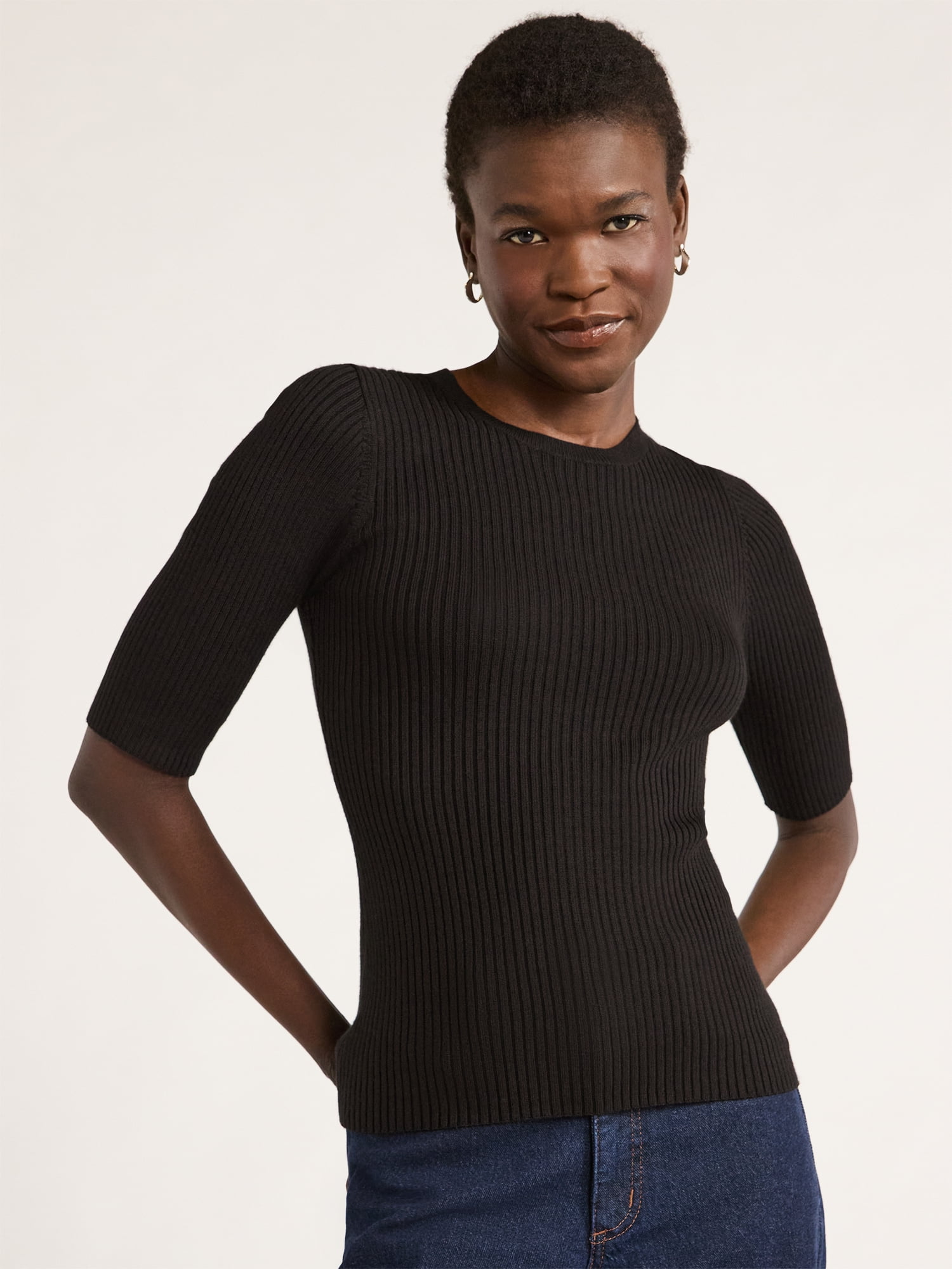 Scoop Women's and Women's Plus Rib Knit Sweater with Elbow Length Sleeves, Lightweight, Sizes XS-4X