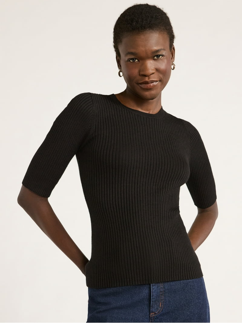 Scoop Women's Ribbed Knit Sweater with Elbow Length Sleeves