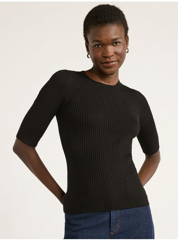 Women's and Women's Plus Rib Knit Sweater with Elbow Length Sleeves, Lightweight, Sizes XS-4X