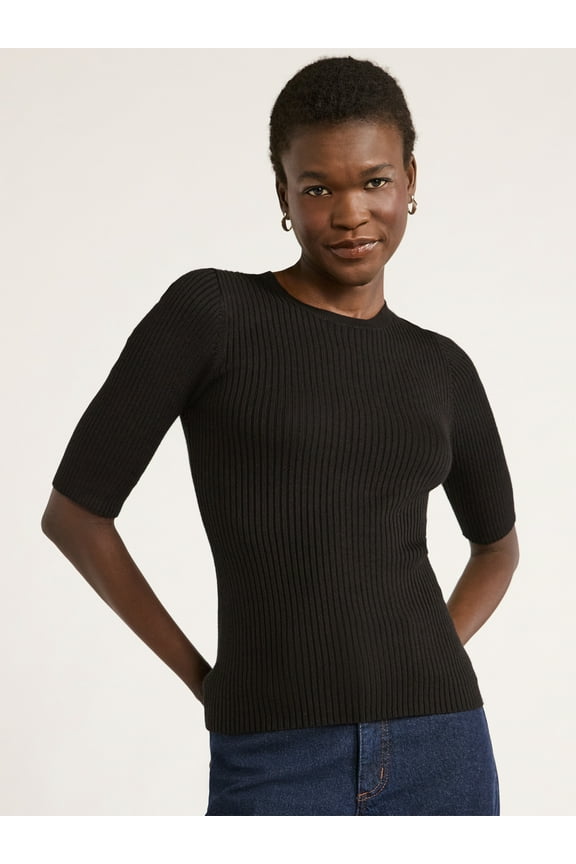 Women's and Women's Plus Rib Knit Sweater with Elbow Length Sleeves, Lightweight, Sizes XS-4X