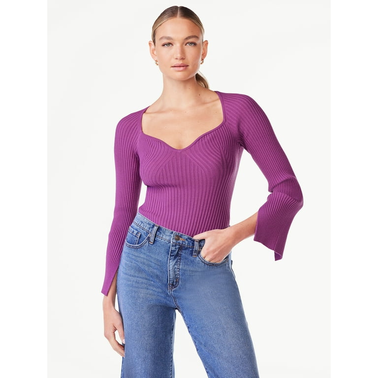 Scoop Women's Ribbed Bodysuit with Sweetheart Neck and Long