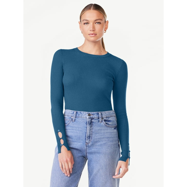 Scoop Women's Ribbed Knit Sweater Bodysuit with Long Sleeves, Sizes XS-XXL  