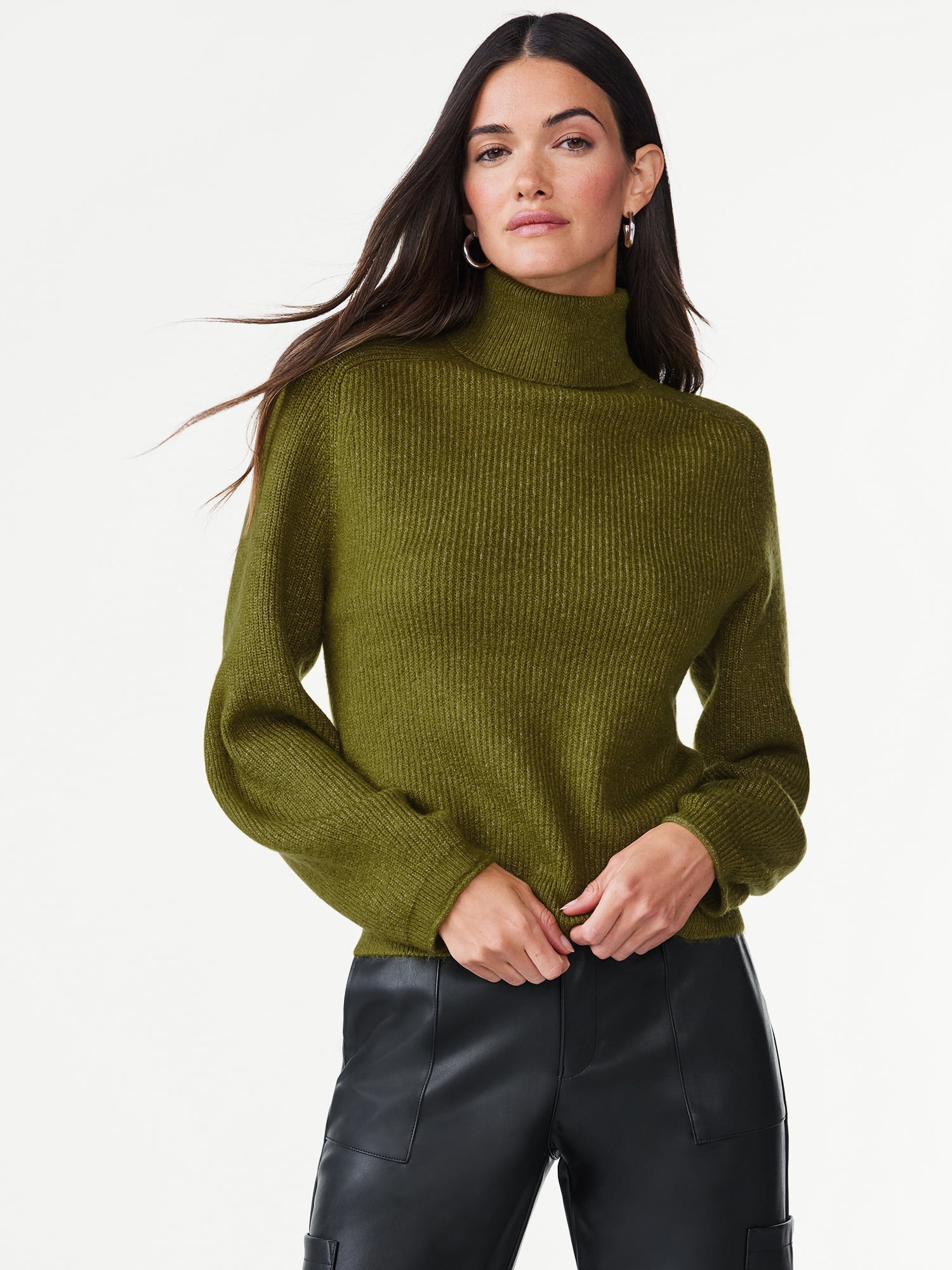Scoop Women's Ribbed Oversized Turtleneck Sweater with Long Sleeves ...