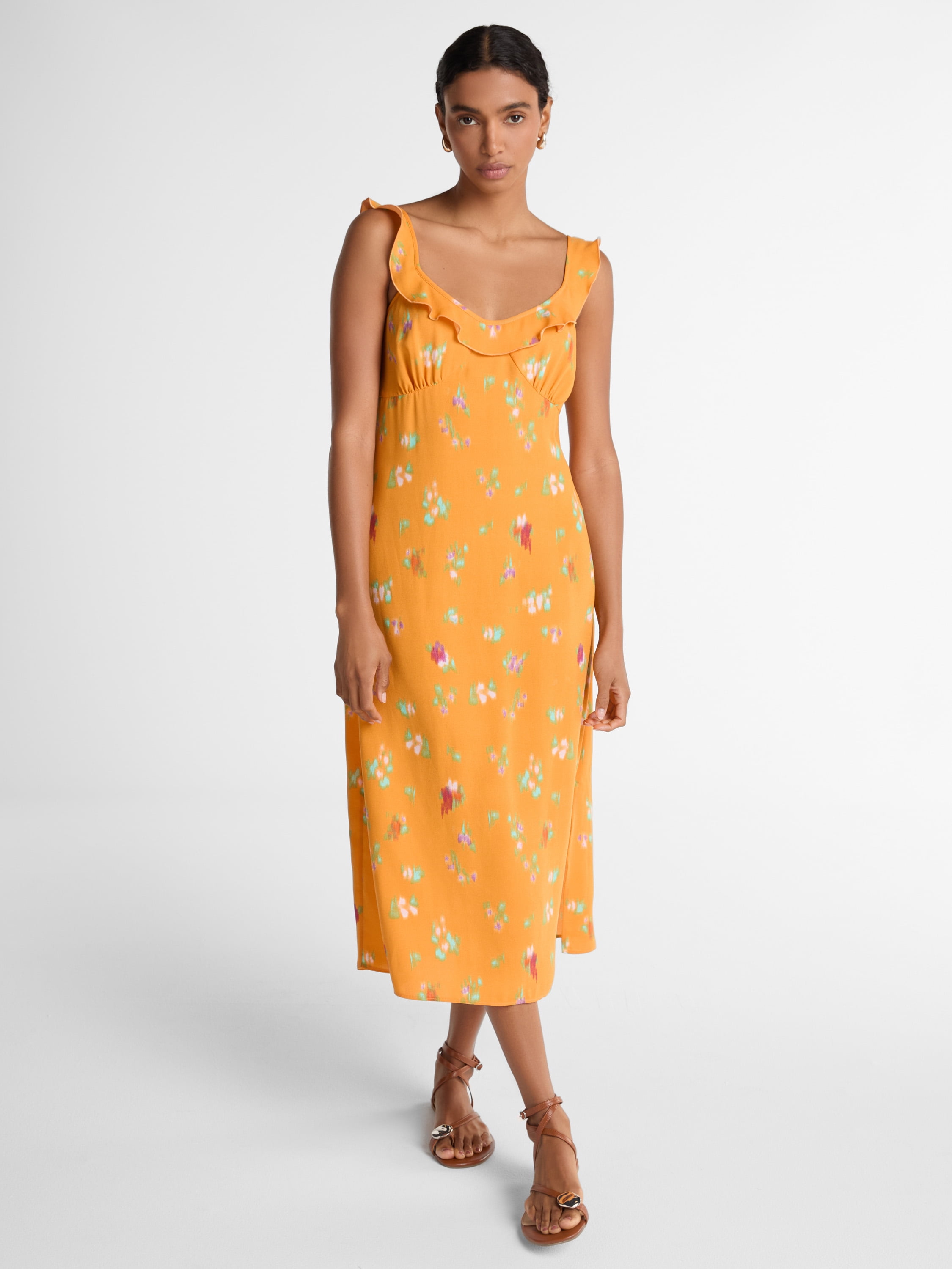 Women’s Satin Midi Dress with Ruffle Neckline, Sizes XS-XXL