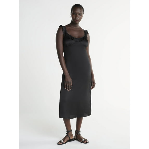Scoop Women’s Satin Midi Dress with Ruffle Neckline, Sizes XS-XXL