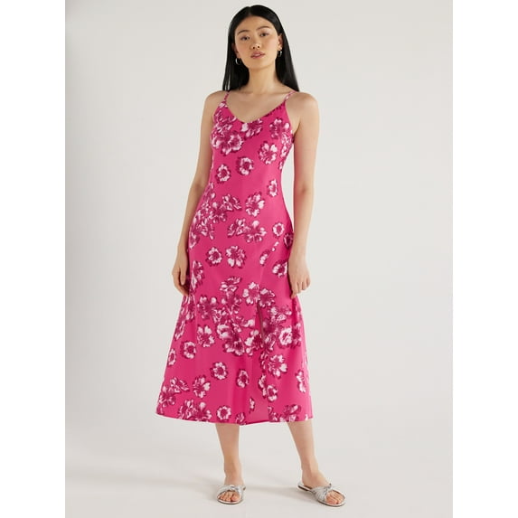 Scoop Women's Satin Midi Slip Dress with Side Slit, Sizes XS-XXL