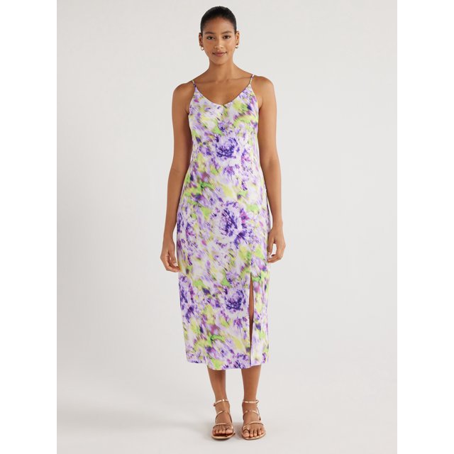 Scoop Women's Satin Midi Slip Dress with Side Slit, Sizes XSXXL