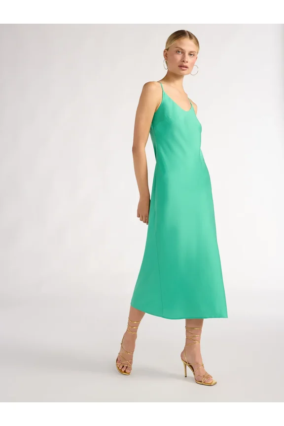 Women's Satin Midi Slip Dress with Side Slit, Sizes XS-XXL