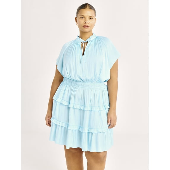 Scoop Women's Satin Mini Ruffle Dress with Cap Sleeves, Sizes XS-4X