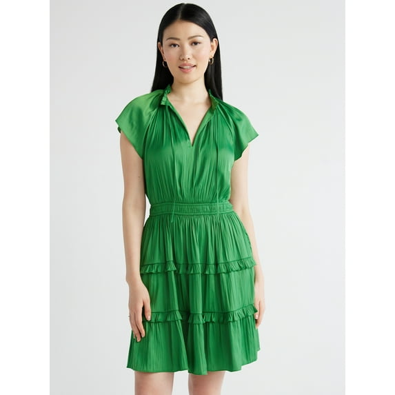 Scoop Women's Satin Mini Ruffle Dress with Cap Sleeves, Sizes XS-4X