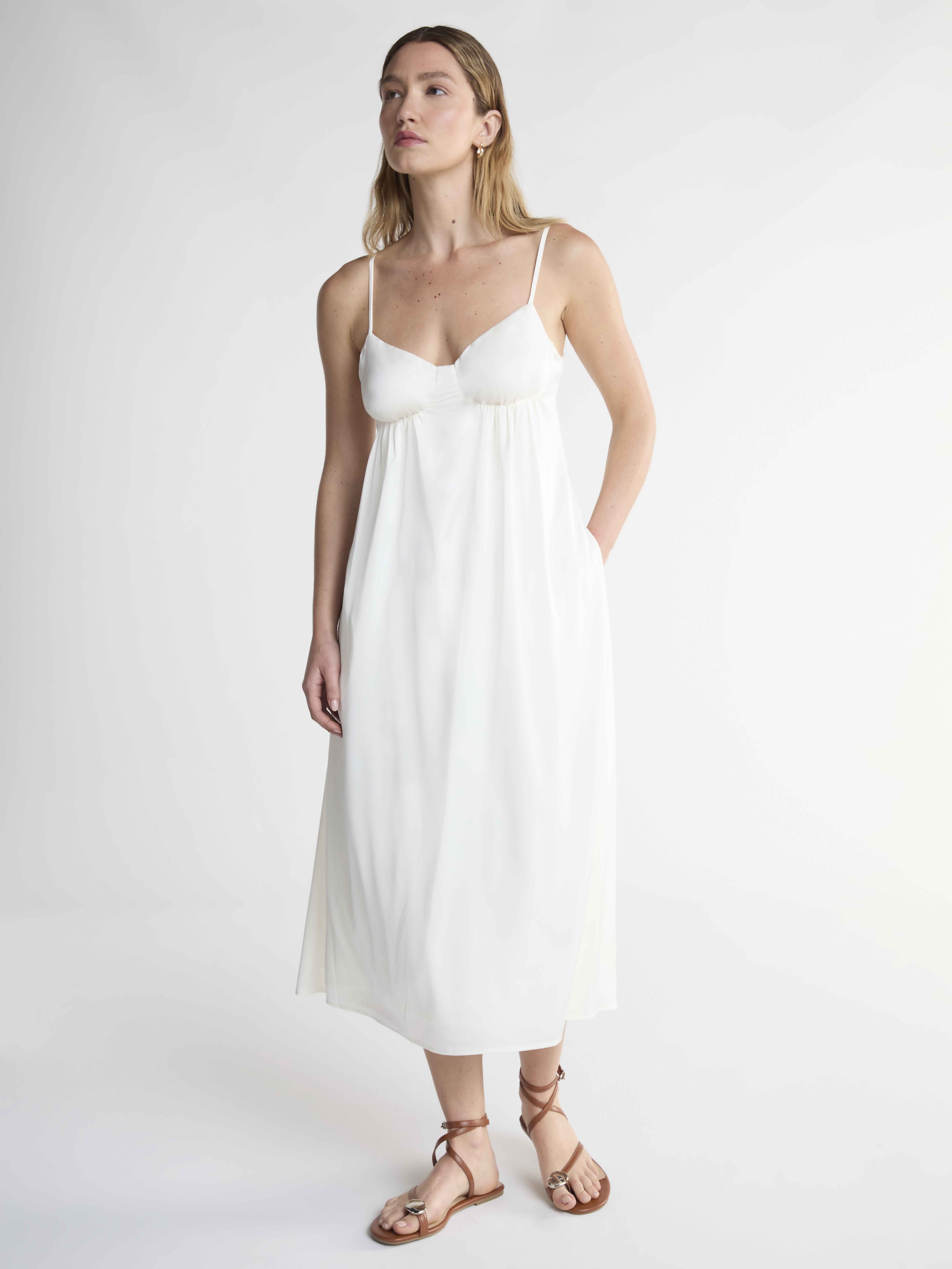 white ruched slip dress Kat The Label Marilyn satin ruched slip dress in ivory