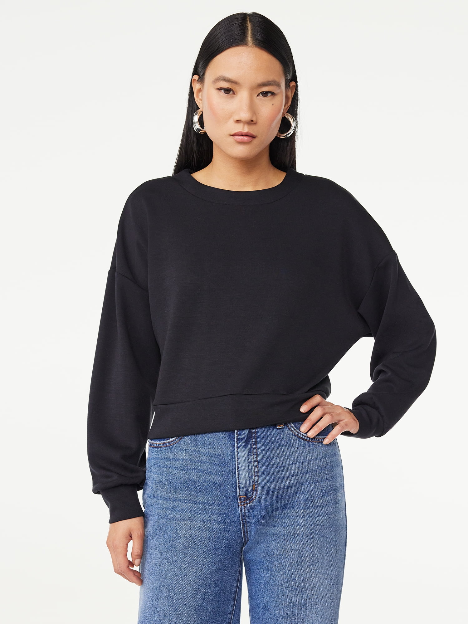 Scoop Women's Scuba Knit Cropped Sweatshirt with Drop Sleeves, Size XS ...