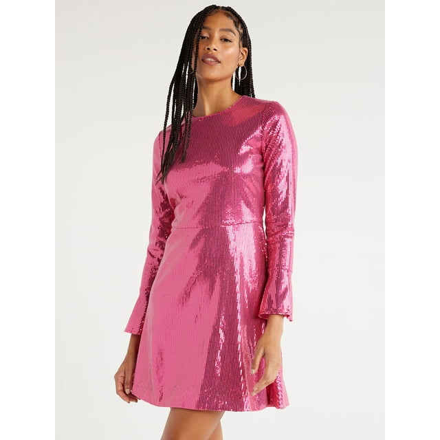 Scoop Women’s Sequin Dress with Slit Sleeves, Sizes XSXXL