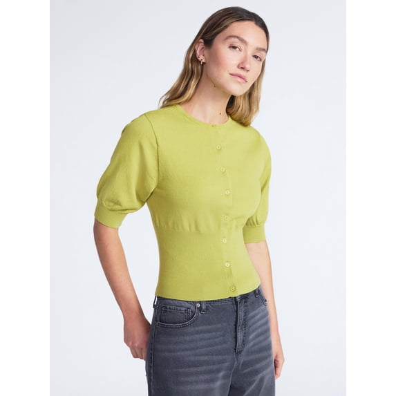 Scoop Women's Rib Cardigan Sweater with Short Sleeves, Lightweight, Sizes XS-XXL