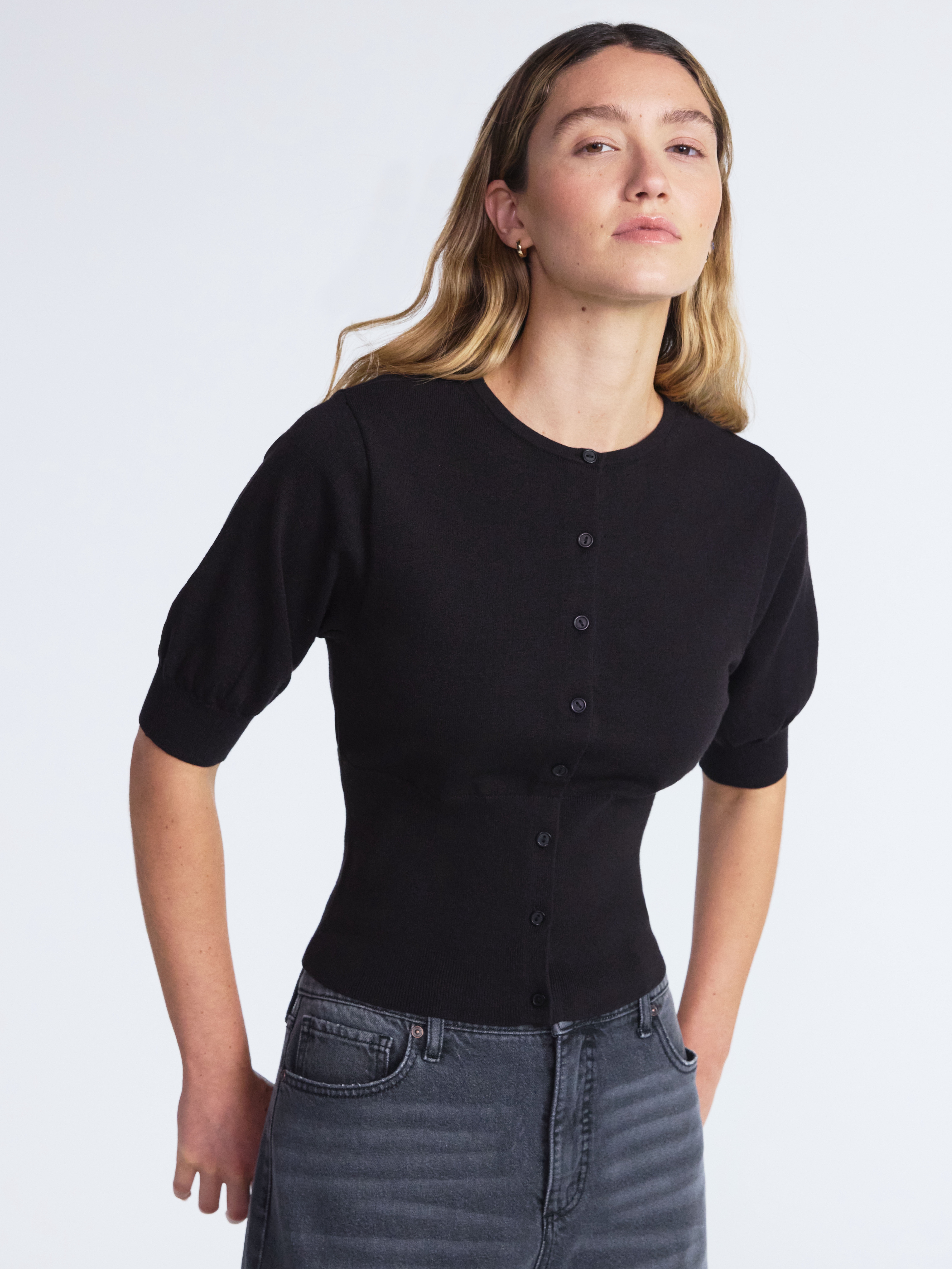Scoop Women's Missy Short Sleeve Crew Neck Tall Rib Cardigan Sweater, Sizes XS-XXL