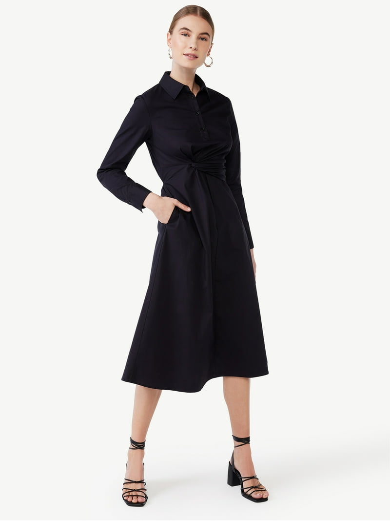 Scoop Side Knot Poplin Midi Shirt Dress - Walmart.com