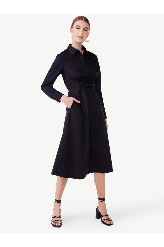 Women's Side Knot Poplin Midi Shirt Dress with Long Sleeves, Sizes XS-XXL