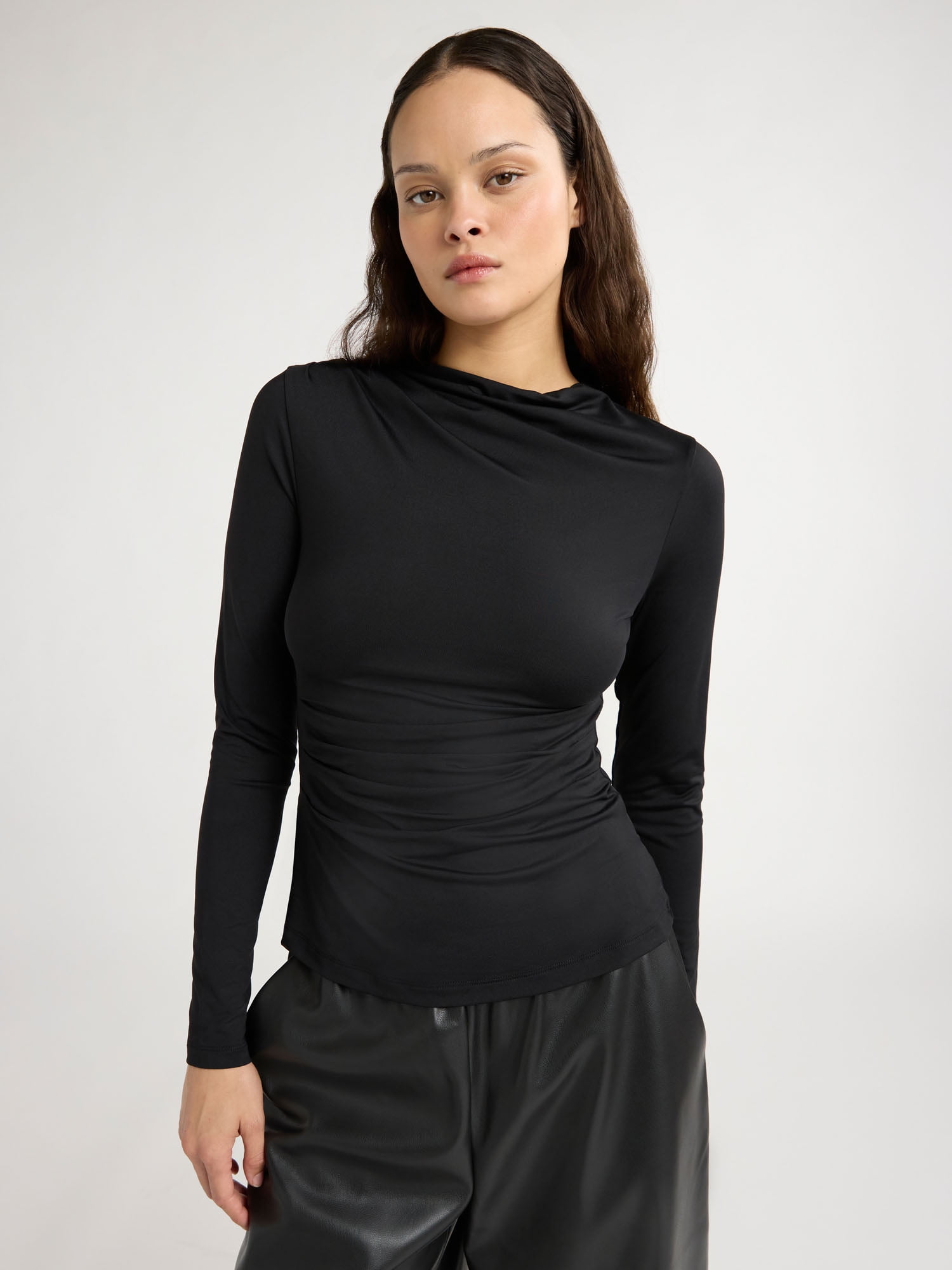 Scoop Women's Side Pleated Top with Long Sleeves, Sizes XS-XXL