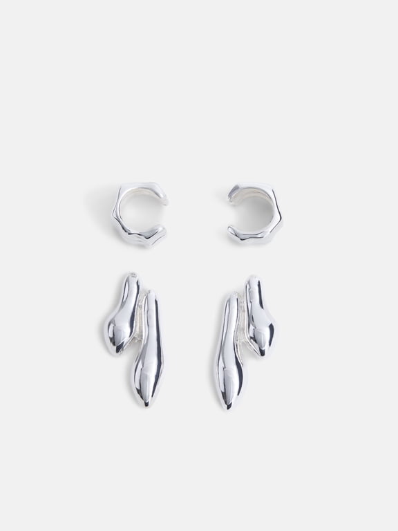 Womens Silver Tone Sculpted Ear Cuffs and Drop Earrings, 2 Pairs