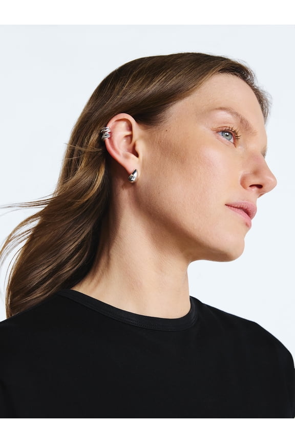 Women's Silver Tone Post Earring & Ear Cuff Set, 3 Pairs