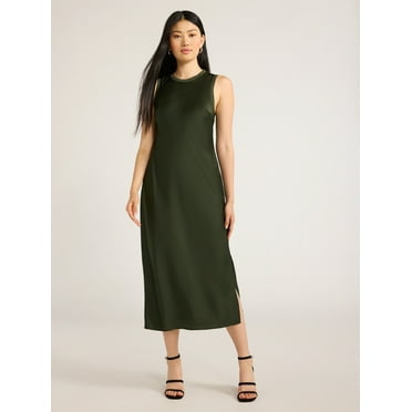 Scoop Women's Sleeveless Crew Neck Satin Midi Tank Dress, Sizes XS-XXL