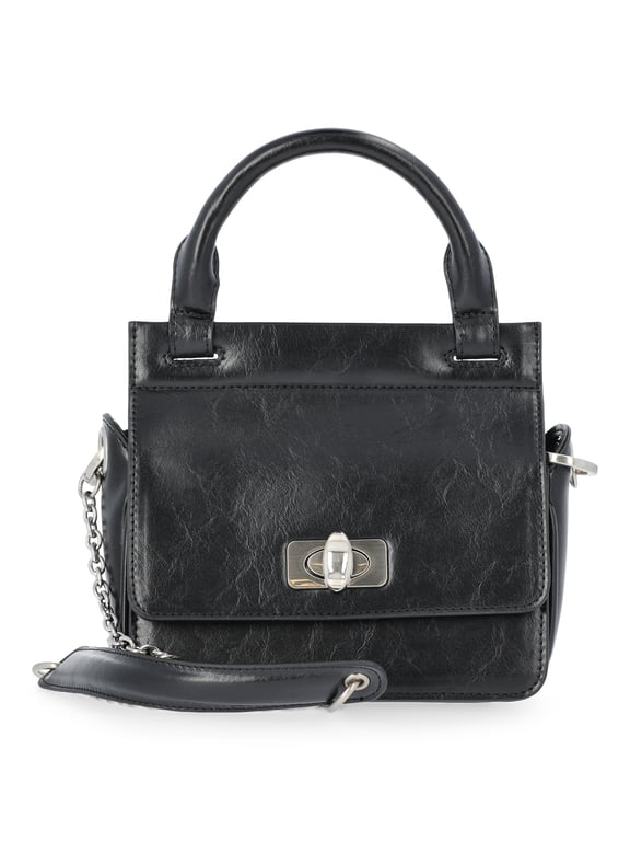 Women's Faux Leather Top Handle Mini Bag with Crossbody Strap, Black