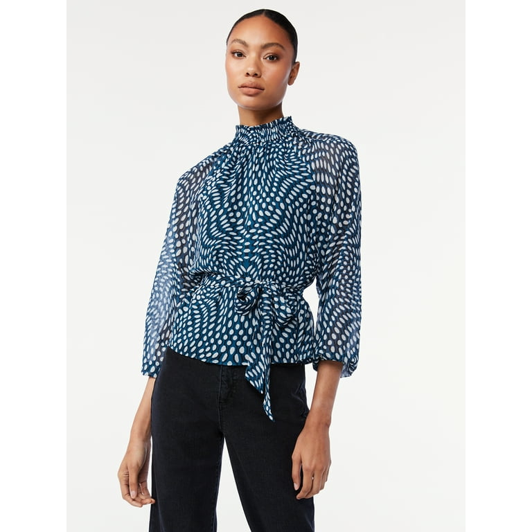 Scoop Women s Smocked Neck Tie Waist Blouse Walmart