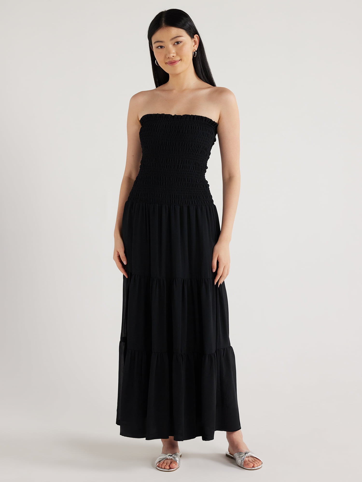 smocked strapless maxi dress