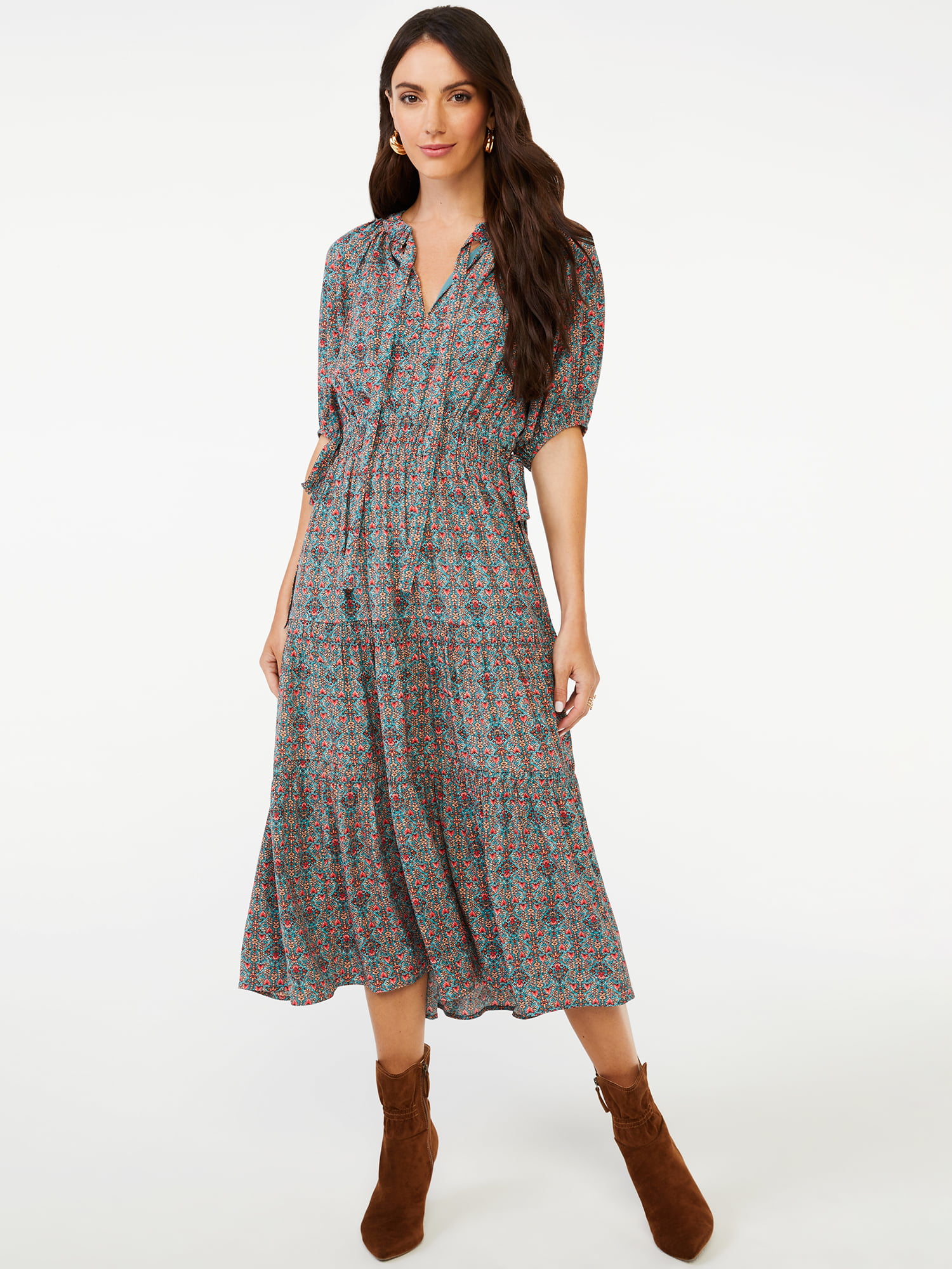 Scoop Women's Split Neck Tiered Midi Dress - Walmart.com