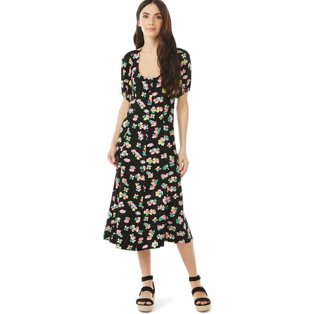 Scoop Women's Square Neck Midi Dress with Short Sleeves - Walmart.com
