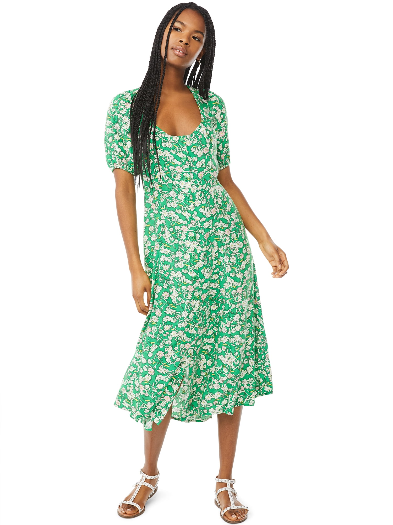 Scoop Women's Square Neck Midi Dress with Short Sleeves - Walmart.com