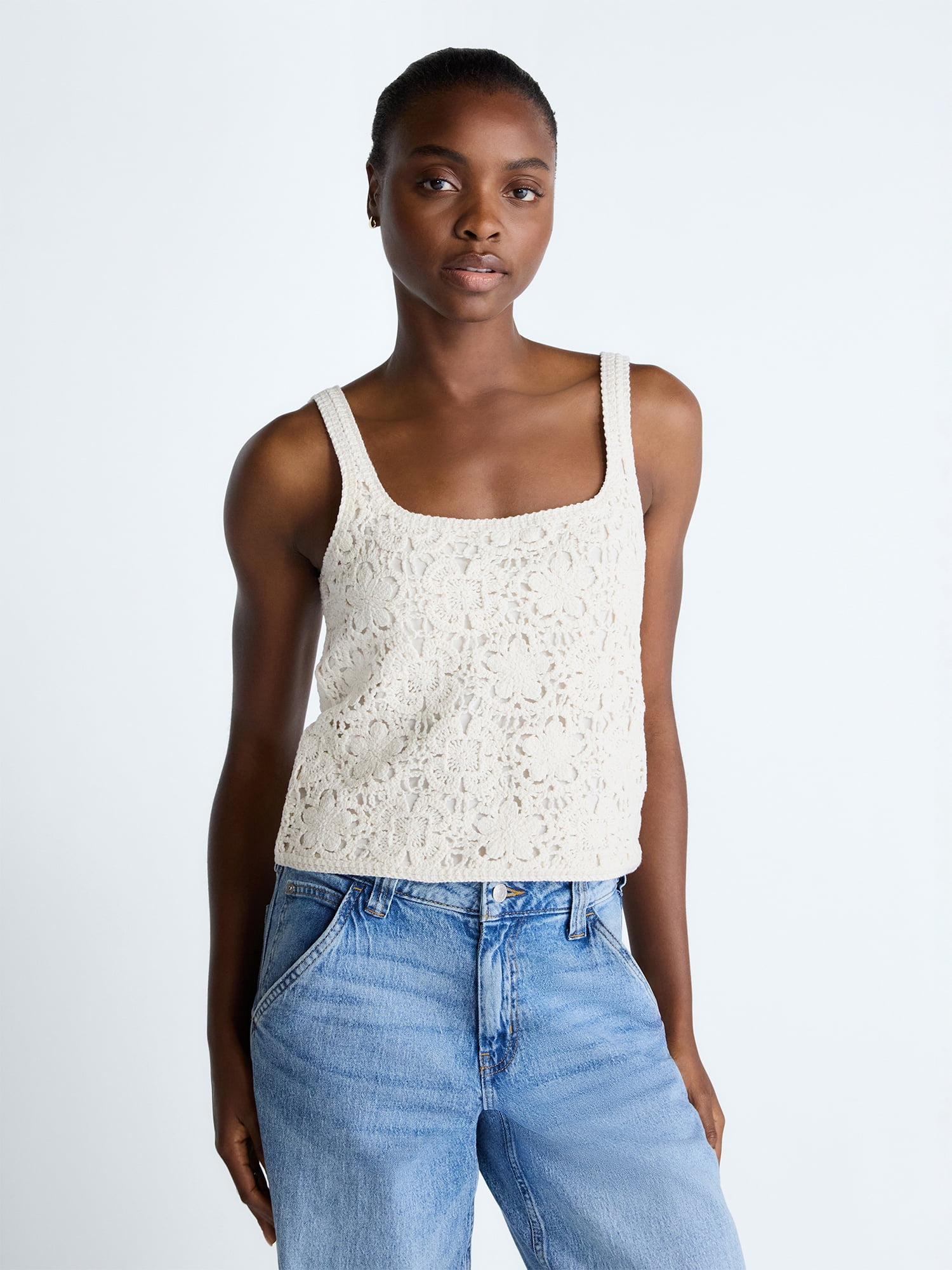 Scoop Women's Square Neck Crochet Cotton Tank Top, Sizes XS-XXL