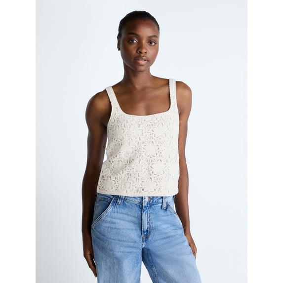 Scoop Women's Square Neck Crochet Cotton Tank Top, Sizes XS-XXL