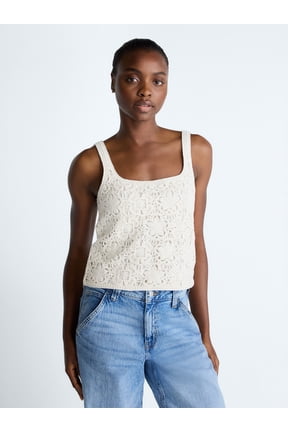 Women's Square Neck Crochet Cotton Tank Top, Sizes XS-XXL