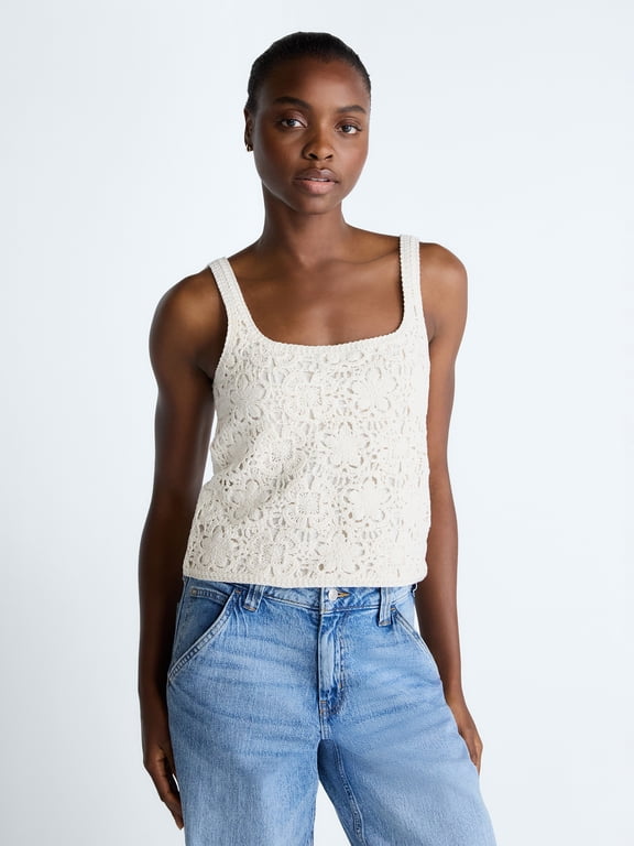 Women's Square Neck Crochet Cotton Tank Top, Sizes XS-XXL