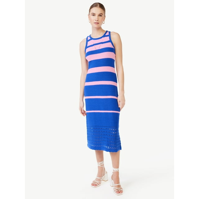 Scoop Women’s Striped Crochet Dress, Mid-Calf Length