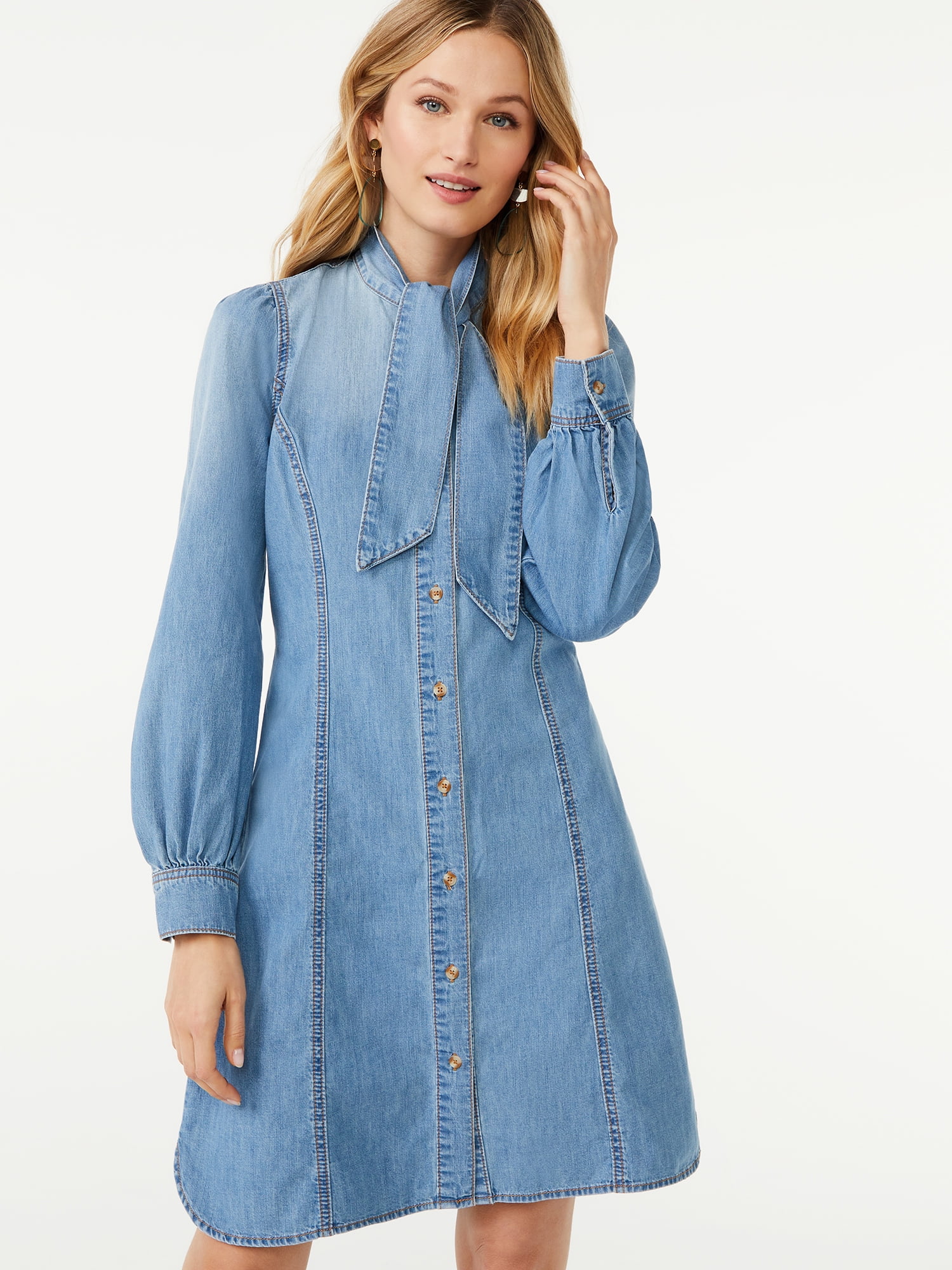 Scoop Women's TieNeck Denim Shirt Dress