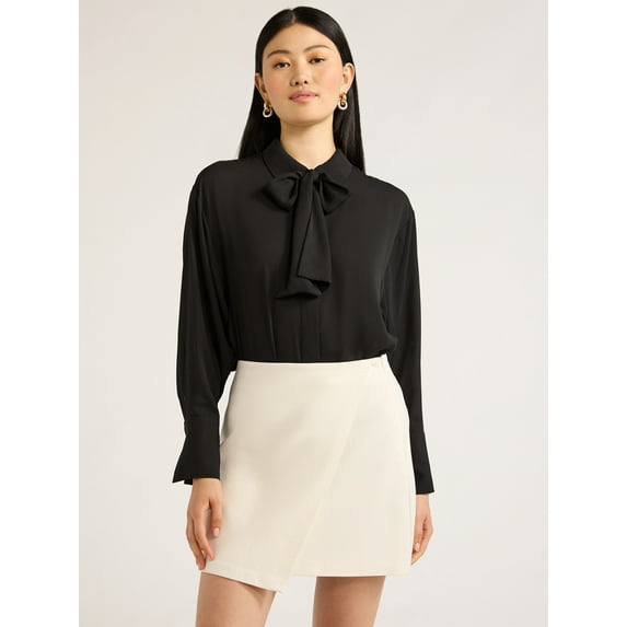 Scoop Women's Tie Neck Shirt with Long Sleeves, Sizes XS-XXL