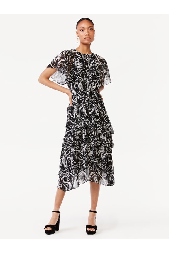 Women's Tie Waist Midi Dress with Ruffle Sleeves